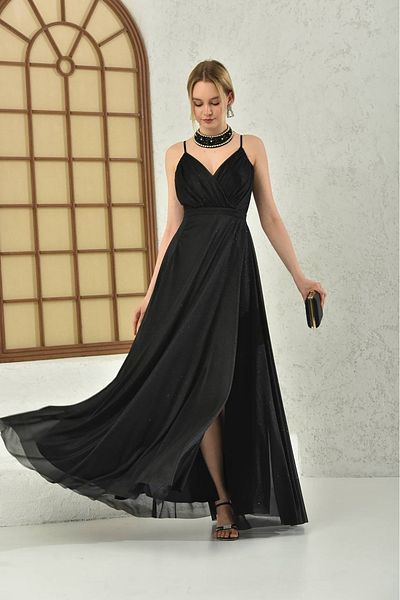 XXL BUTİK Women Black Blue Strap Long Evening Dress