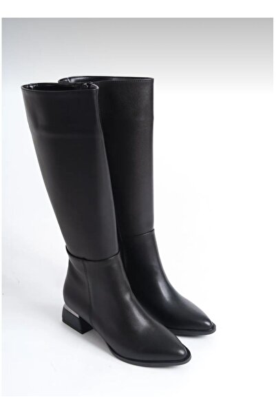 ELEVAM Kadın Diz Altı Siyah Topuğu Parlak Detaylı Fermuarlı Deri Görünümlü Uzun Çizme