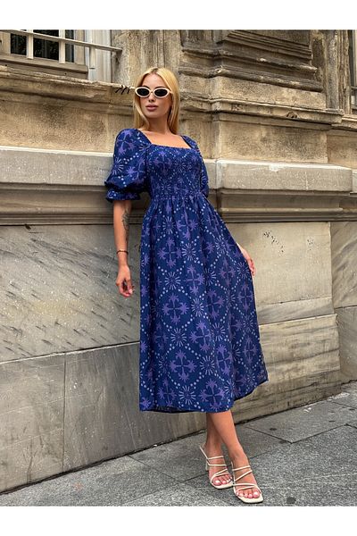 Tubik Women's Square Neck Floral Patterned Gimp Dress