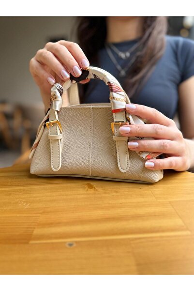 bahwar Mini Şal Detaylı Krem El ve Omuz Çantası