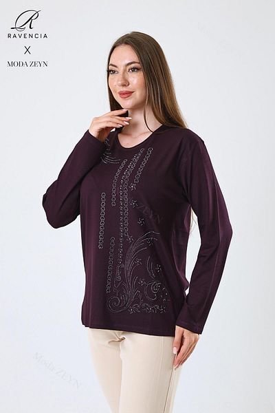 Ravencia Women's Middle Age and Above Viscose Ring Stripe Pattern Stone Embroidered Lycra Plum Mother Combed Cotton Blouse