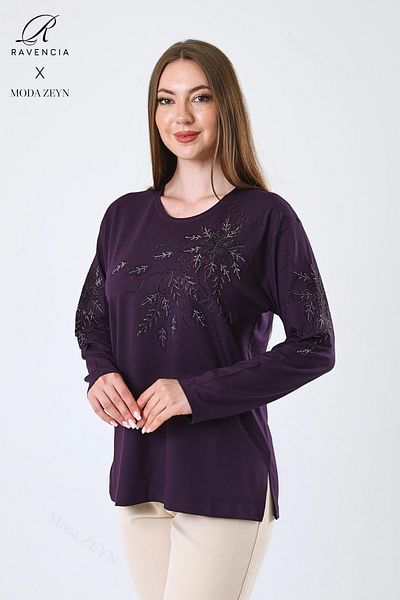 Ravencia Women's Middle Age and Above Viscose Flower Pattern Stone Embroidered Lycra Plum Mother Combed Cotton Blouse