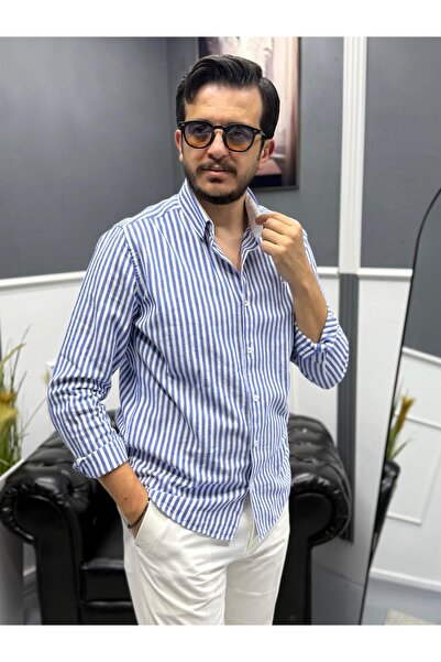 Avni Ceylan Cămașă pentru bărbați, cu dungi, 100% bumbac satinat, ușor de căl...