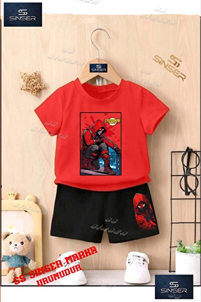 SS SİNSER تي شيرت مطبوع خاص للأطفال للجنسين "SPDRMN KAPSONLU SQUARE" - طقم شورت