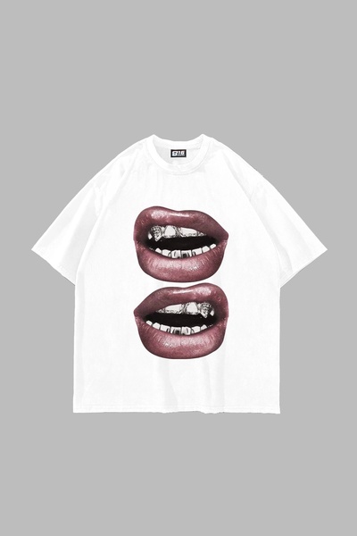 Bak Moda Tricou alb unisex oversize cu imprimeu Lip Teeths V2