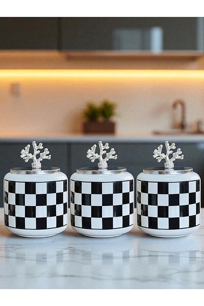 ferayhome Spice Rack Ceramic 3-Piece Oval Large Size Coffee Corner 1400 ml Black Checkered (Tea, Coffee, Sugar) Silver