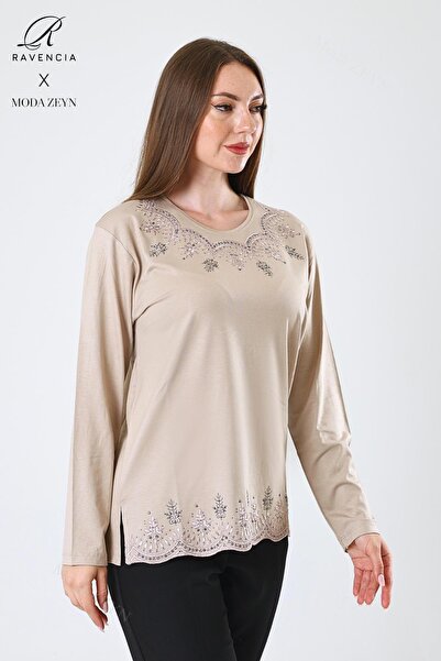 Ravencia Γυναικεία φούστα μεσαίας και περισσότερης ηλικίας με μοτίβο βισκόζης με πέτο με πέτρες κεντημένη λύκρα μπεζ Mother Combed Blu