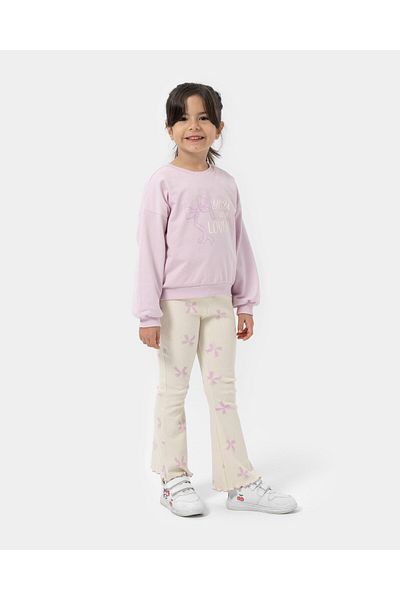 Magu Girl's Cotton Lilac "You Are Loved" Printed Sweat and Ribbon Patterned Flared Leggings Set