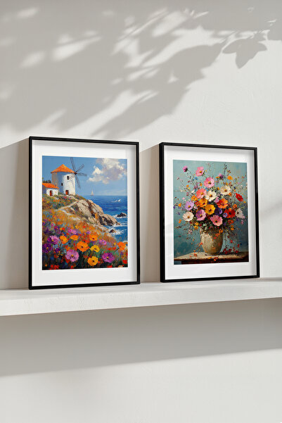 STARYUNA Pictură cu efect de vopsea în ulei, pictură cu flori de moara de vânt, set de 2 picturi cu rama din lemn negru Yuna143