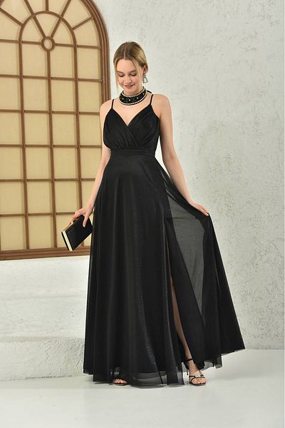 XXL BUTİK Women Black Blue Strap Long Evening Dress