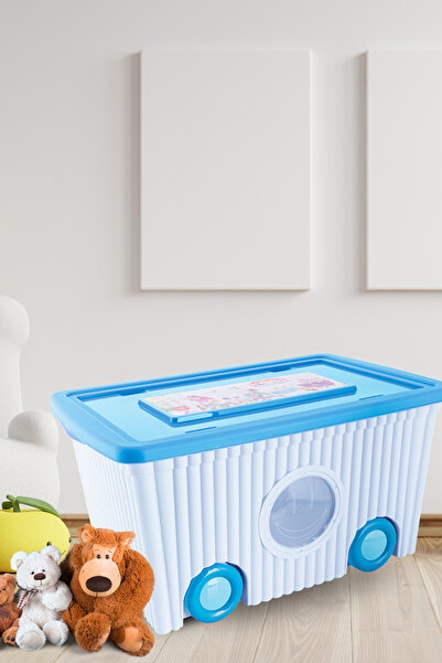 12den Tekerlekli Taşınabilir Bebek Çocuk Odası Oyuncak Saklama Kutusu Kapaklı Büyük Boy 60 litre Mavi