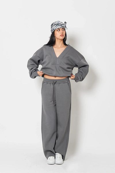 Bak Moda Set de trening oversize unisex de bază premium antracit cu cusături cu decolteu în V