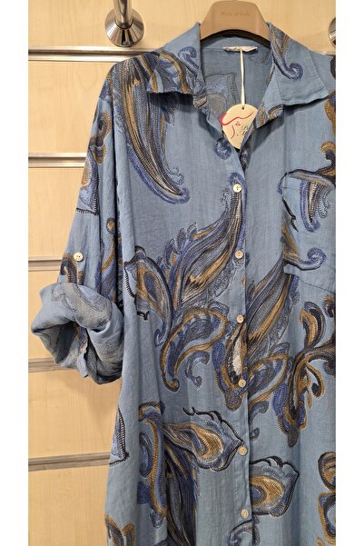 Park Moda İtalyan Keten Gömlek Elbise Şal Desen Düğmeli