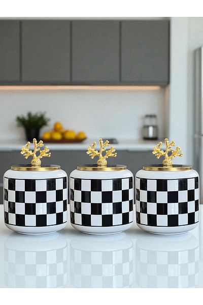 ferayhome Spice Rack Ceramic 3-Piece Oval Large Size Coffee Corner 1400 ml Black Checkered (Tea, Coffee, Sugar) Gold