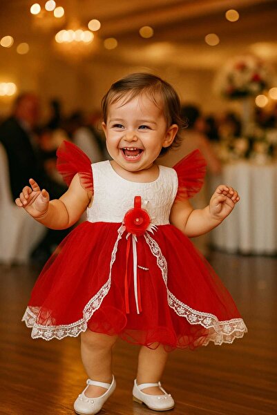 Tufitto Baby فستان سهرة أنيق للفتيات باللون الأحمر من التول
