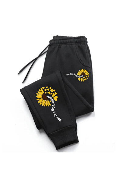StartMore Black Sunflower Printed Women's Unisex Sweatpants