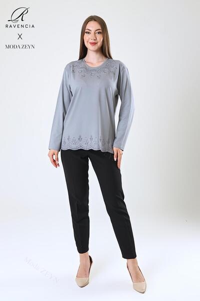 Ravencia Γυναικεία φούστα μεσήλικας και άνω με μοτίβο βισκόζης με πέτο με πέτρες κεντημένη λύκρα γκρι Mother Combed Blu