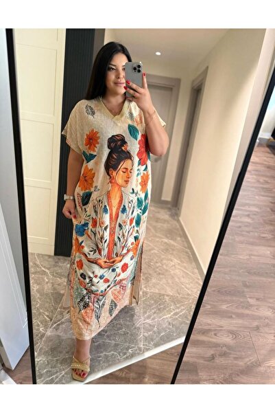 Ferdanur Başaran Oversize Yoga Desenli Simli V Yaka Maxi Boy Elbise