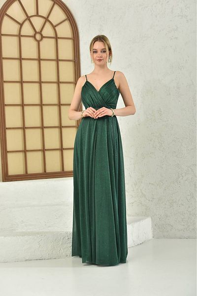 XXL BUTİK Women's Emerald Blue Strap Long Evening Dress