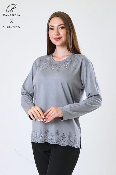 Ravencia Women's Middle Age and Above Viscose Leaf Patterned Skirt Collar Stone Embroidered Lycra Gray Mother Combed Cotton Blu