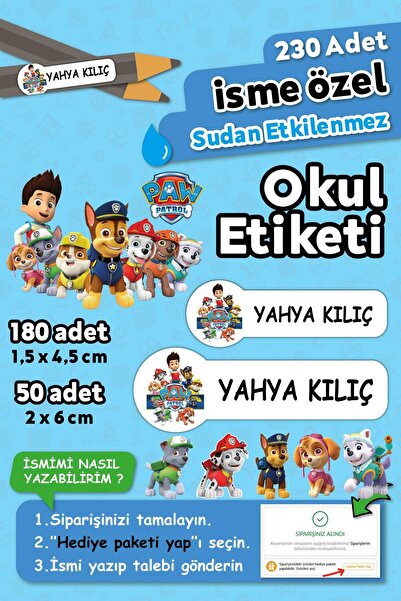 HediyeHanesi Paw Patrol Temalı Kişiye Özel İsimli Defter Kalem Okul Etiketi, ...