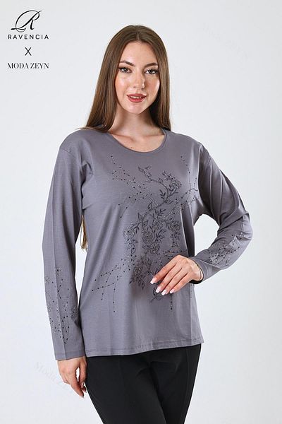 Ravencia Women's Middle Age and Above Viscose New Coating Pattern Stone Embroidered Lycra Gray Mother Combed Cotton Blouse
