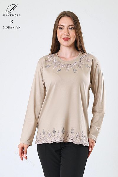 Ravencia Women's Middle Age and Above Viscose Leaf Patterned Skirt Collar Stone Embroidered Lycra Beige Mother Combed Cotton Blu