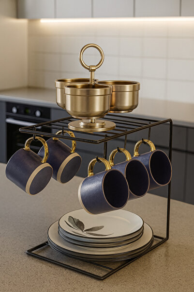 boz concept home Siyah 6lı Kahve Fincan Askılığı Kupa Askısı Mutfak Düzenleyicisi