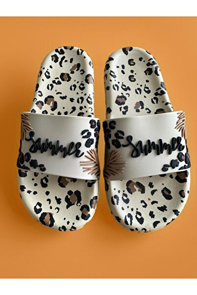 GEZER Leopar Desenli Kahve Kadın Havuz Bahçe Terlik