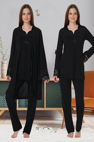 Puerpera Effortt Maternity Maternity Lace Long Sleeve Pajama Set and Dressing Gown 4084