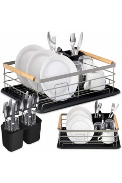 Massido Dish rack with cutlery holder, Massido, 43 x 32 x 14 cm, Grey, Wooden Handles
