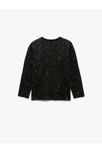 Koton Long Sleeve Crew Neck Cotton T-Shirt with Glitter Detail