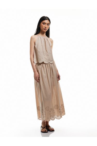 Koton Lined Cotton Scalloped Embroidered Flared Long Skirt