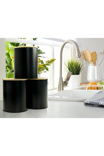 GBMOTION Black Metal Bread Box and 3-Piece Storage Container Set – Black Matte Body & Bamboo Lid, Moder