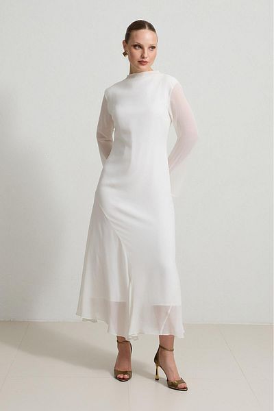 Setre Cream Full Fit Comfortable Cutout Dress with Buns and Skirt Detail