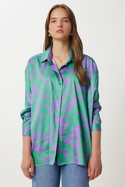 Lovelyİstanbul Patterned Flowing Satin Shirt Lfg0057 Purple Green