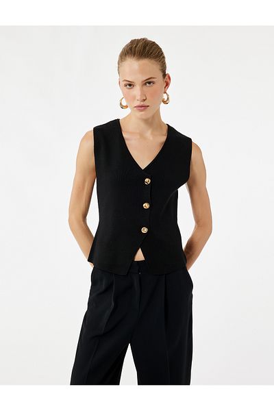 Koton V Neck Sleeveless Gold Buttoned Knitwear Vest