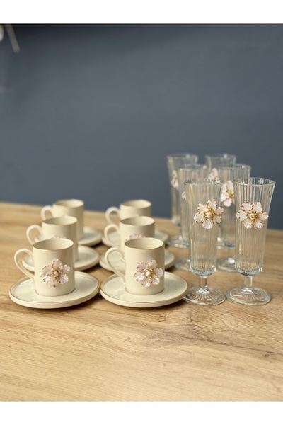 Hediye Köşkü 6 Kişilik Flower Lüks Porselen Kahve Sunum Seti