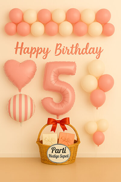 parti hediye sepeti Pink 1 Year Old Birthday Balloon Set |   Heart Striped Fo...