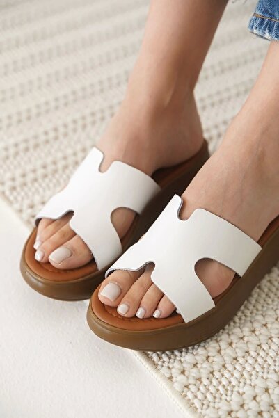 ayakuydur Borlina White Genuine Leather Slippers