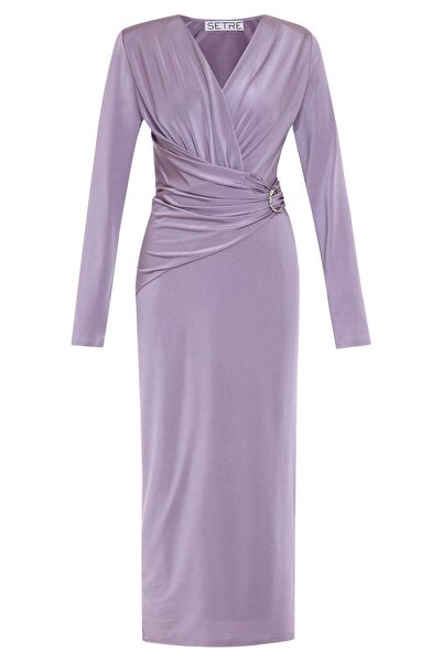 Setre Λιλά Ασύμμετρο και Πλήρες Μακρυμάνικο Μίντι Φόρεμα με Αξεσουάρ στη μέση