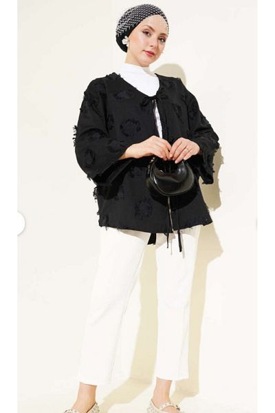 Velista Women's Front Tie Self Embroidery Tassel Casual Kimono