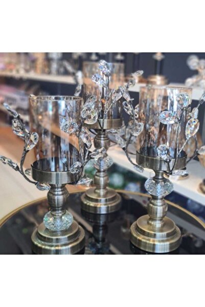 CENGİZ ÇEYİZ Metal Ayaklı Kristal Taşlı 3'lü Mumluk Şamdan 3086
