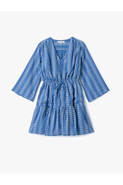 Koton Embroidered V-Neck Half Sleeve Buttoned Mini Shirt Dress with Lacing Detail