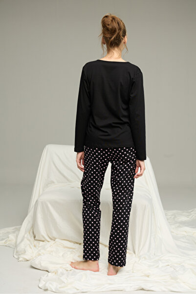 Siyah İnci siyah puan desenli Örme Pamuklu Pijama Takım25240273