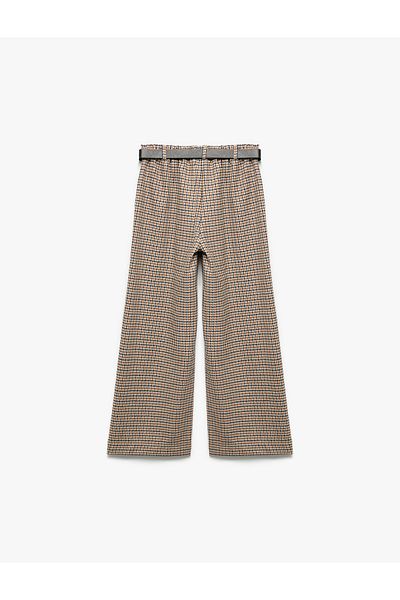 Koton Plaid Wide Leg Trousers with Belt Detail