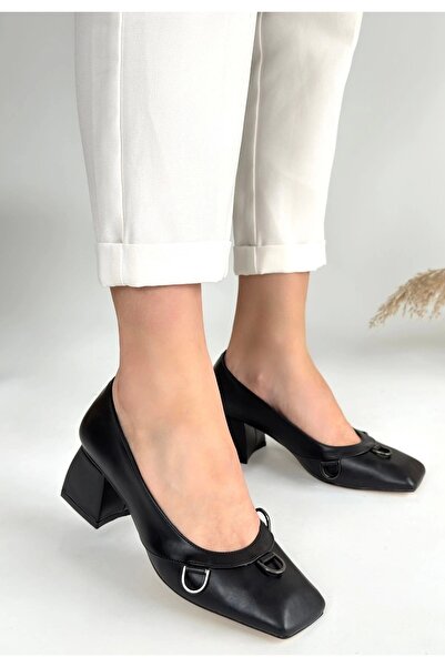 kuzenler store Cande Black Skin Heeled Shoes