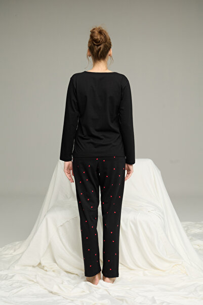 Siyah İnci Чорний візерунок, кнопки, деталізований, в'язаний, бавовняний піжамний комплект 25240193