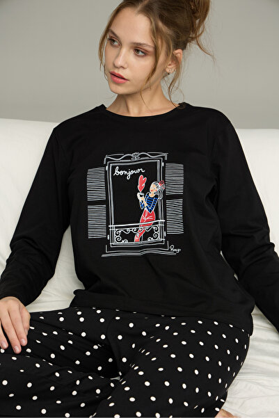 Siyah İnci Black Points Pattern Knitted Cotton Pajamas Suit25240271