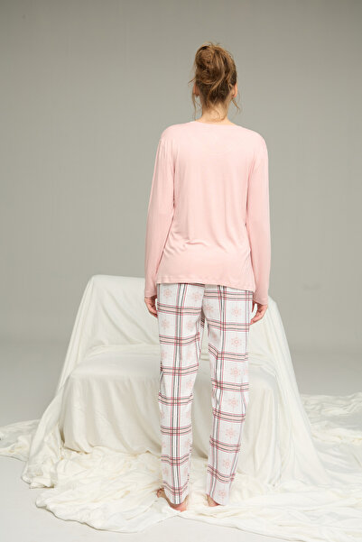 Siyah İnci pudra ekose desenli Örme Pamuklu Pijama Takım25240274